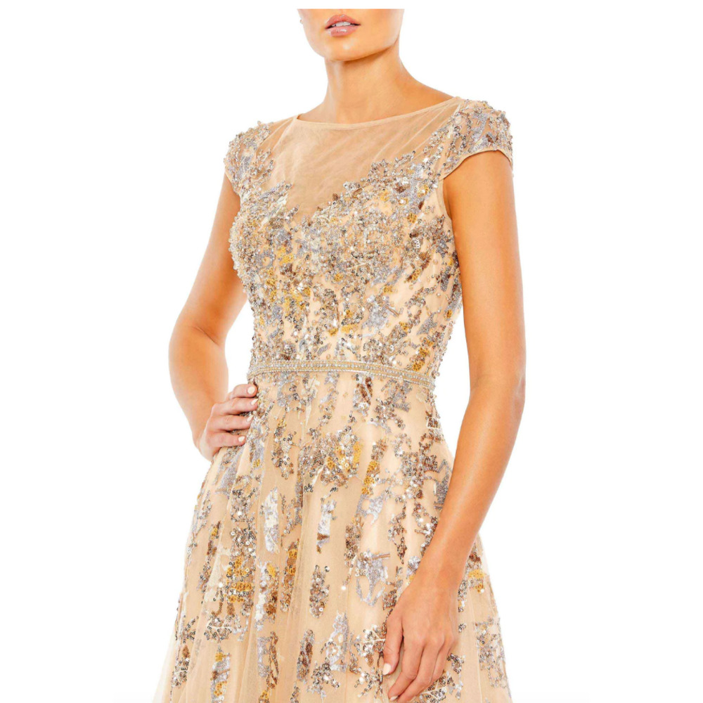 Mac Duggal Sequin CAP SLEEVE chiffon Ball GOWN, Size 10 , nude, 20364 - Picture 4 of 9